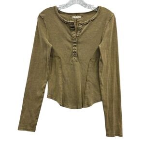 Free People Women's Mareea Henley Top Tropical Nut Thermal Waffle Knit Boho S
